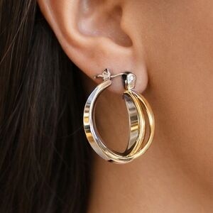 Women's Stunning Two tones Silver and gold Crossing Hoop Design Earrings